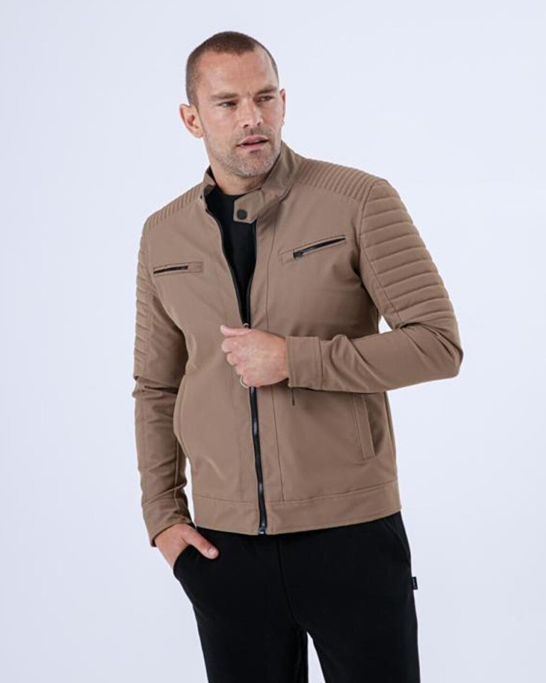 Men's Light Brown Leather Coat | Full Sleeves & Band Collar For Warmth | The Perfect Winter Wear For Men