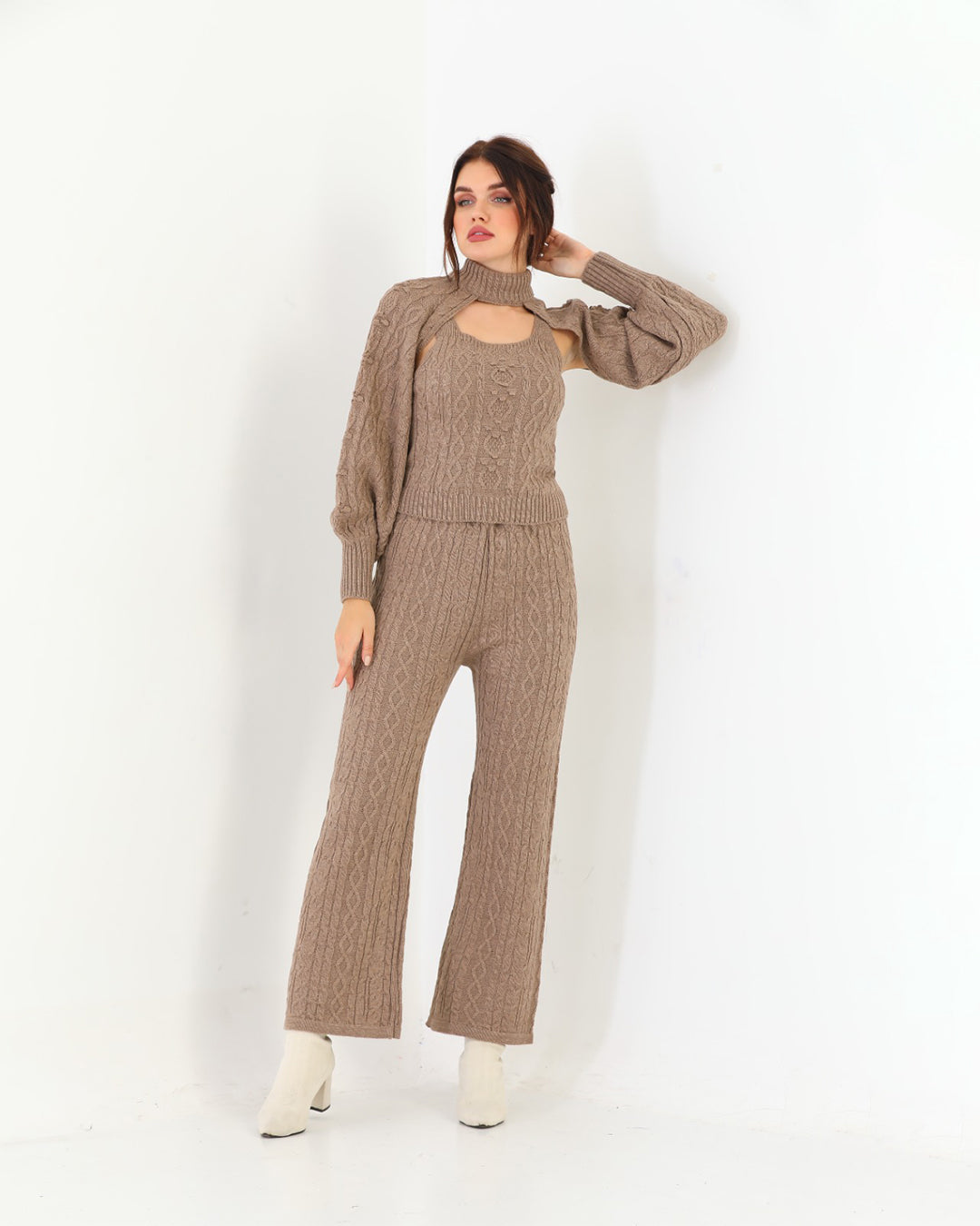 Chestnut Brown Three Piece Set For Women | Ribbed Sleeveless with a Stylish Over Top | Trendy Winter Wear