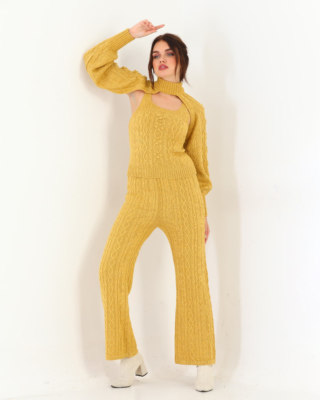 Mustard Yellow Three Piece Set For Women | Ribbed Sleeveless with a Stylish Over Top | Trendy Winter Wear