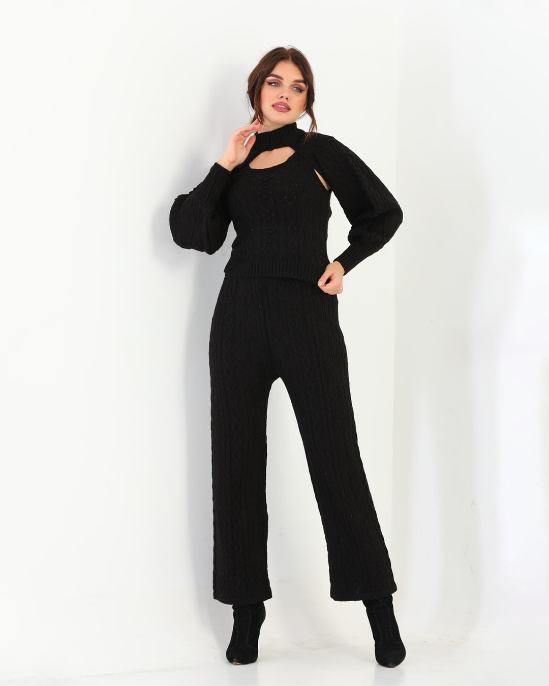 Black Three Piece Set For Women | Ribbed Sleeveless with a Stylish Over Top | Trendy Winter Wear