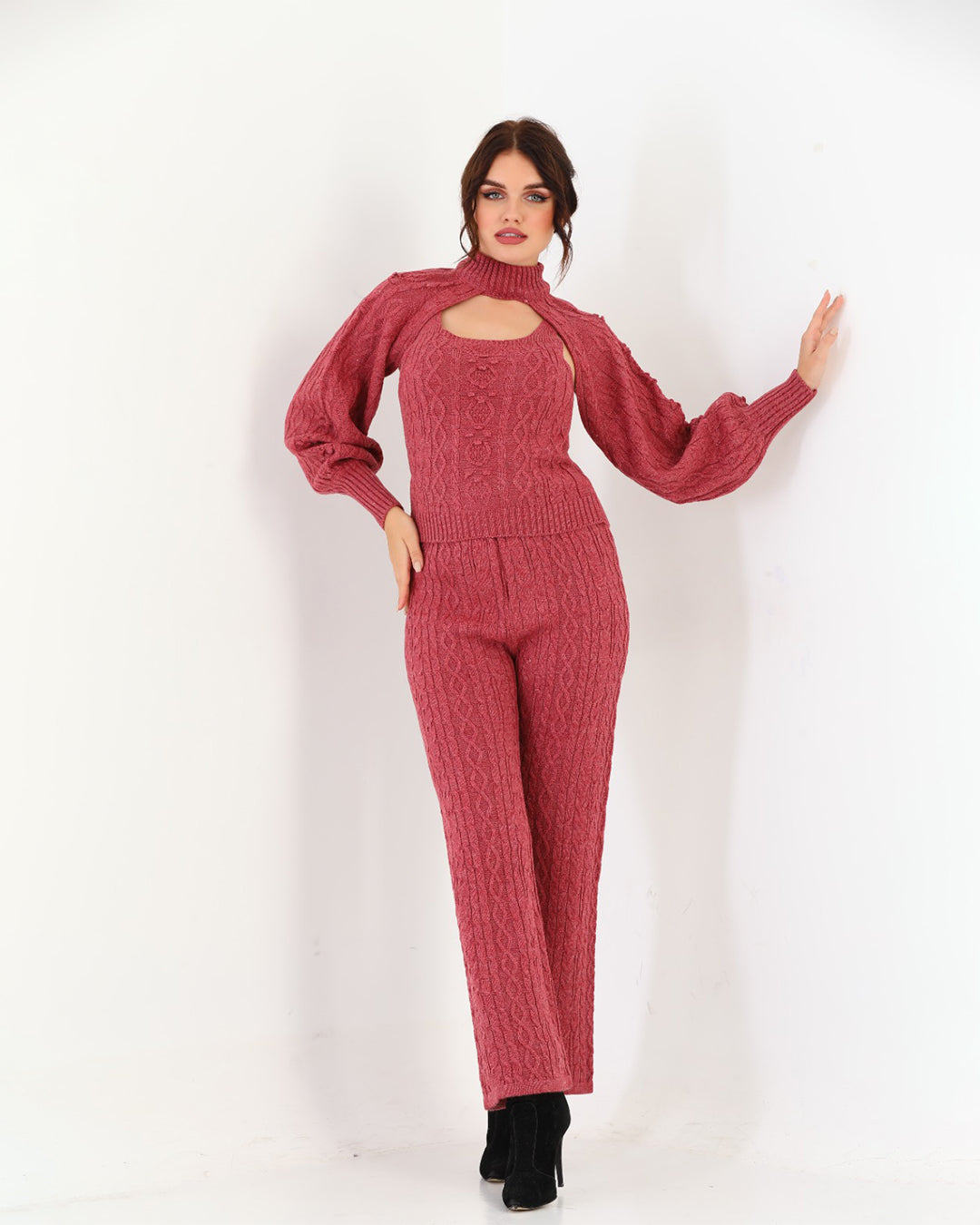 Rosewood Pink Three Piece Set For Women | Ribbed Sleeveless with a Stylish Over Top | Trendy Winter Wear