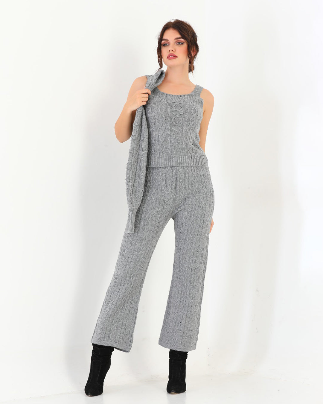 Ash Grey Three Piece Set For Women | Ribbed Sleeveless with a Stylish Over Top | Trendy Winter Wear