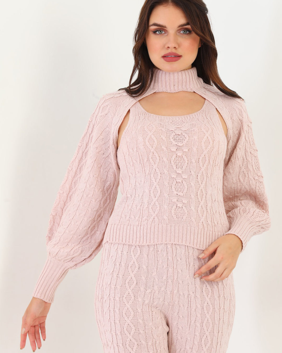 Blush Pink Three Piece Set For Women | Ribbed Sleeveless with a Stylish Over Top | Trendy Winter Wear