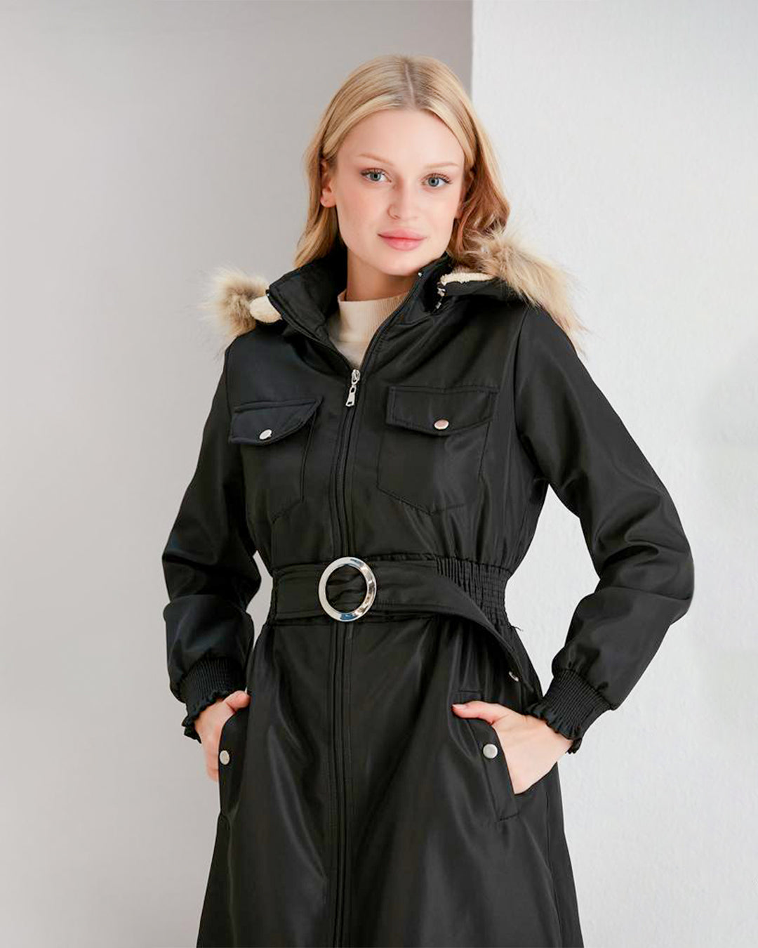 Adjustable Versatile Women's Black Coat | Long Sleeves & Hooded Cover For Protection | The Stylish Pick For Stylish Women