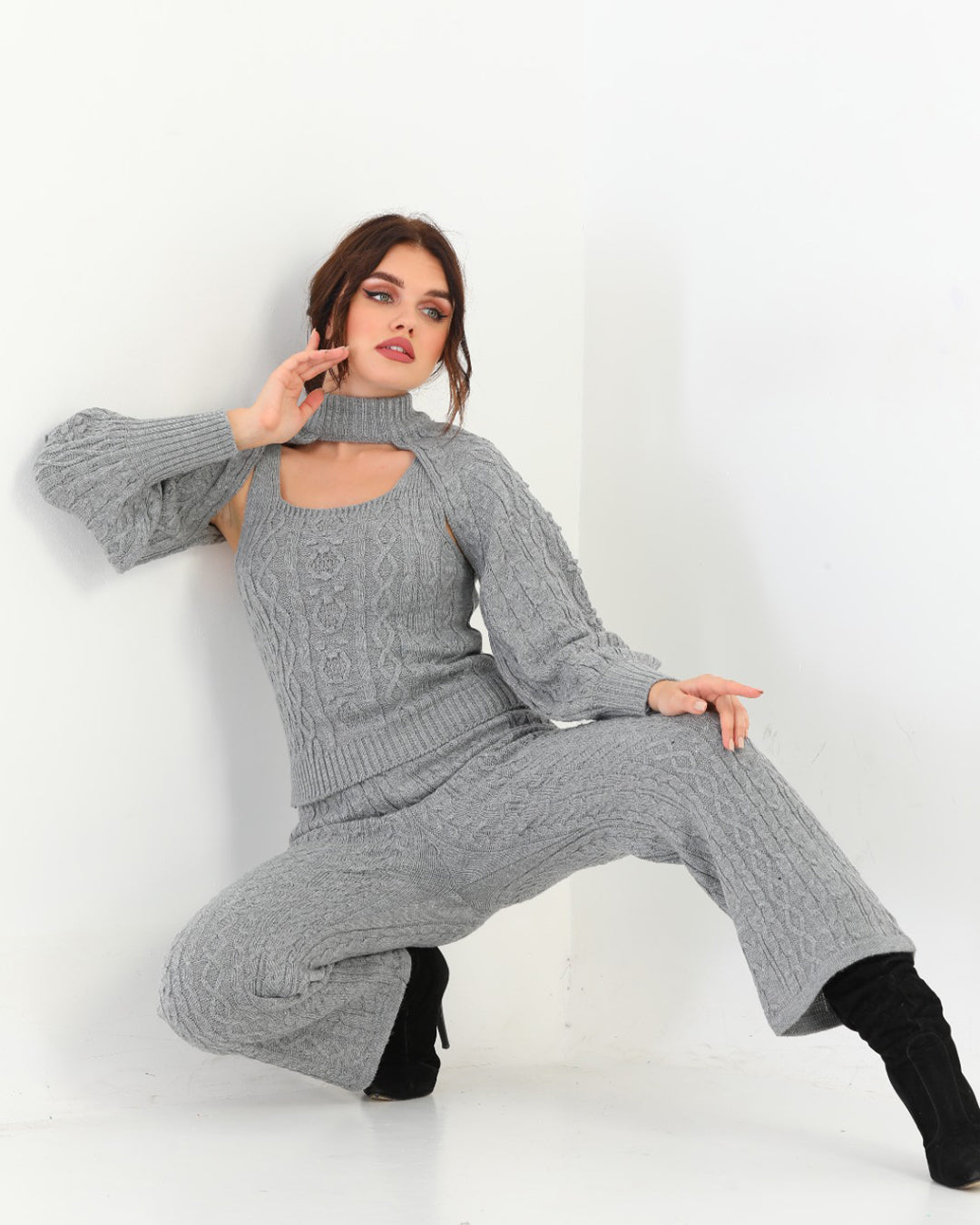 Ash Grey Three Piece Set For Women | Ribbed Sleeveless with a Stylish Over Top | Trendy Winter Wear