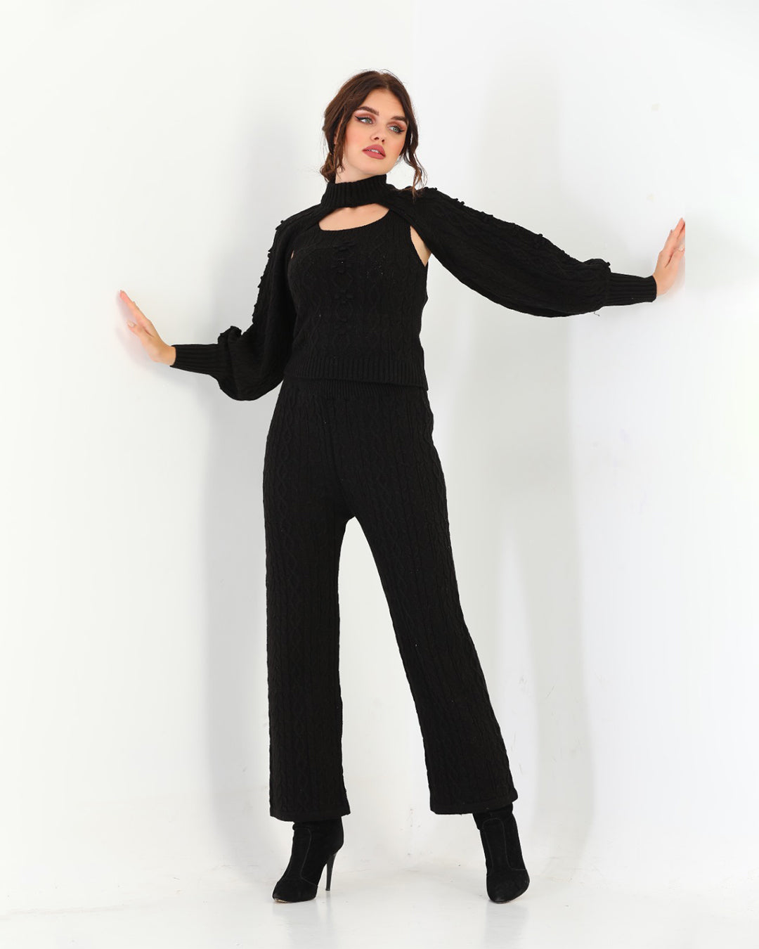 Black Three Piece Set For Women | Ribbed Sleeveless with a Stylish Over Top | Trendy Winter Wear