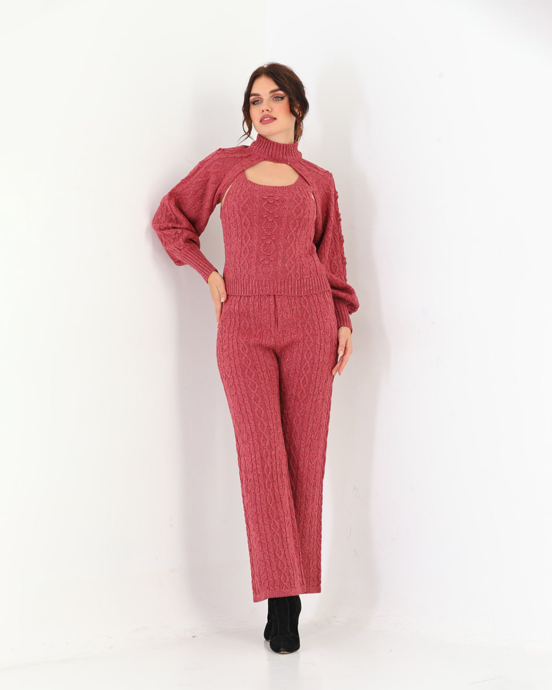 Rosewood Pink Three Piece Set For Women | Ribbed Sleeveless with a Stylish Over Top | Trendy Winter Wear