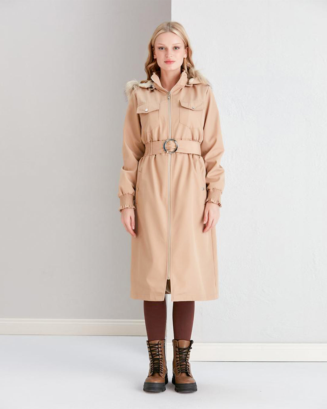 Beige Color Trench Coat For Women | Long Sleeves & Fur Hood | A Stylish Pick For Winters