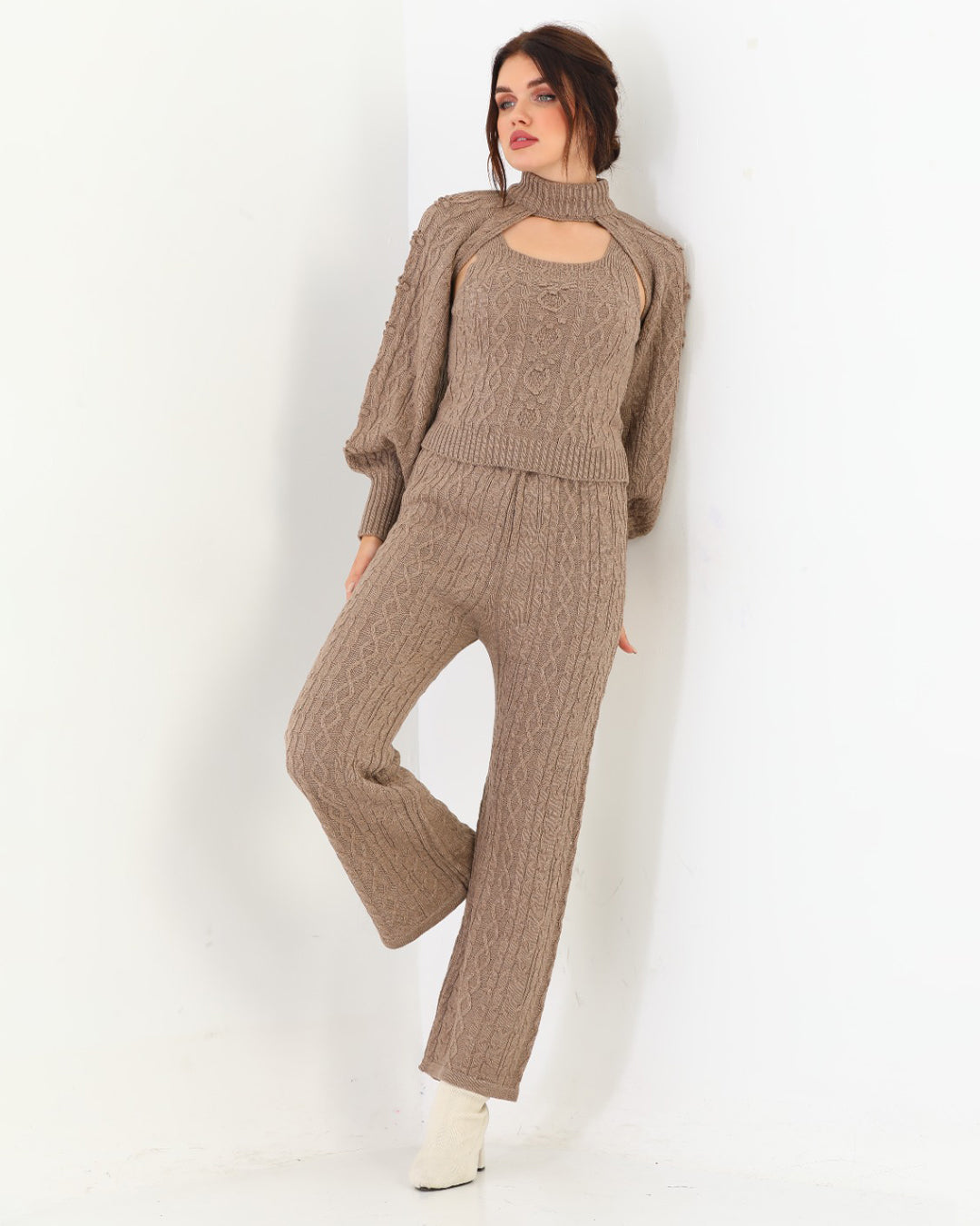 Chestnut Brown Three Piece Set For Women | Ribbed Sleeveless with a Stylish Over Top | Trendy Winter Wear