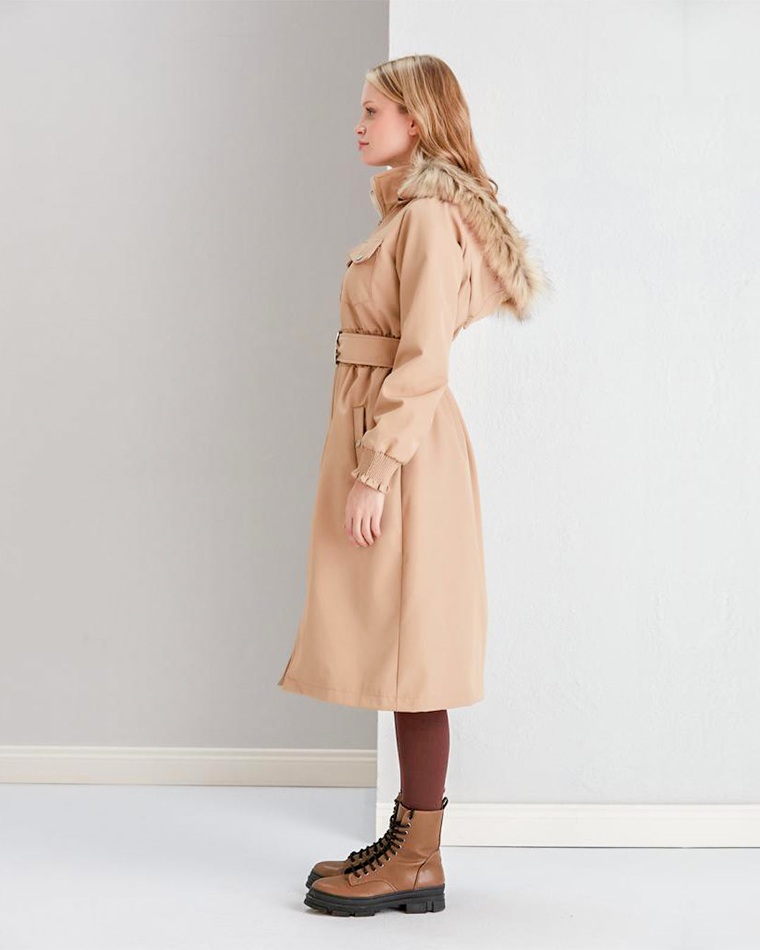 Beige Color Trench Coat For Women | Long Sleeves & Fur Hood | A Stylish Pick For Winters