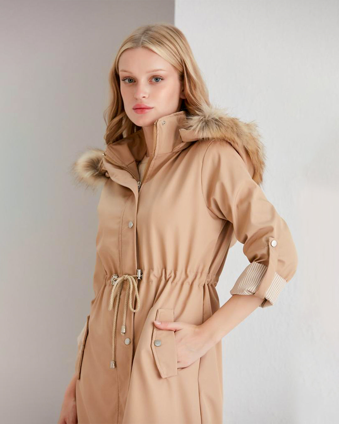 Beige Color Trench Coat For Women | Long Sleeves & Fur Hood | A Stylish Pick For Winters