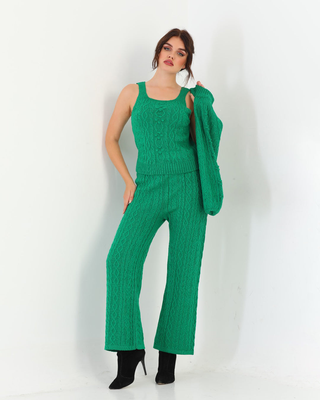 Teal Green Three Piece Set For Women | Ribbed Sleeveless with a Stylish Over Top | Trendy Winter Wear