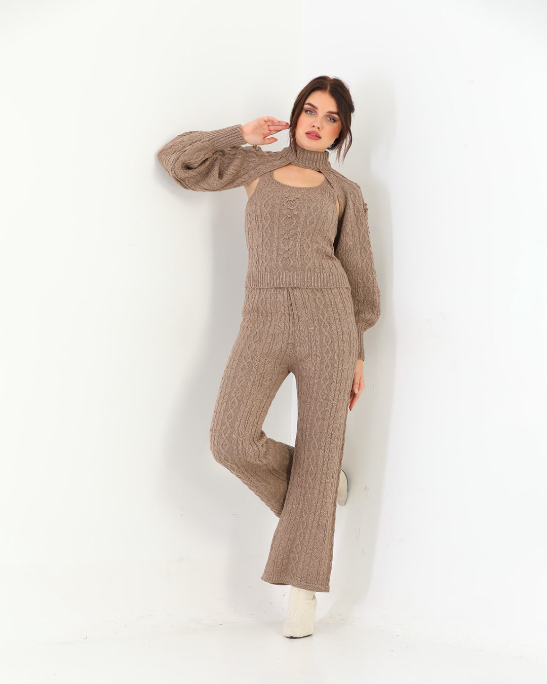 Chestnut Brown Three Piece Set For Women | Ribbed Sleeveless with a Stylish Over Top | Trendy Winter Wear