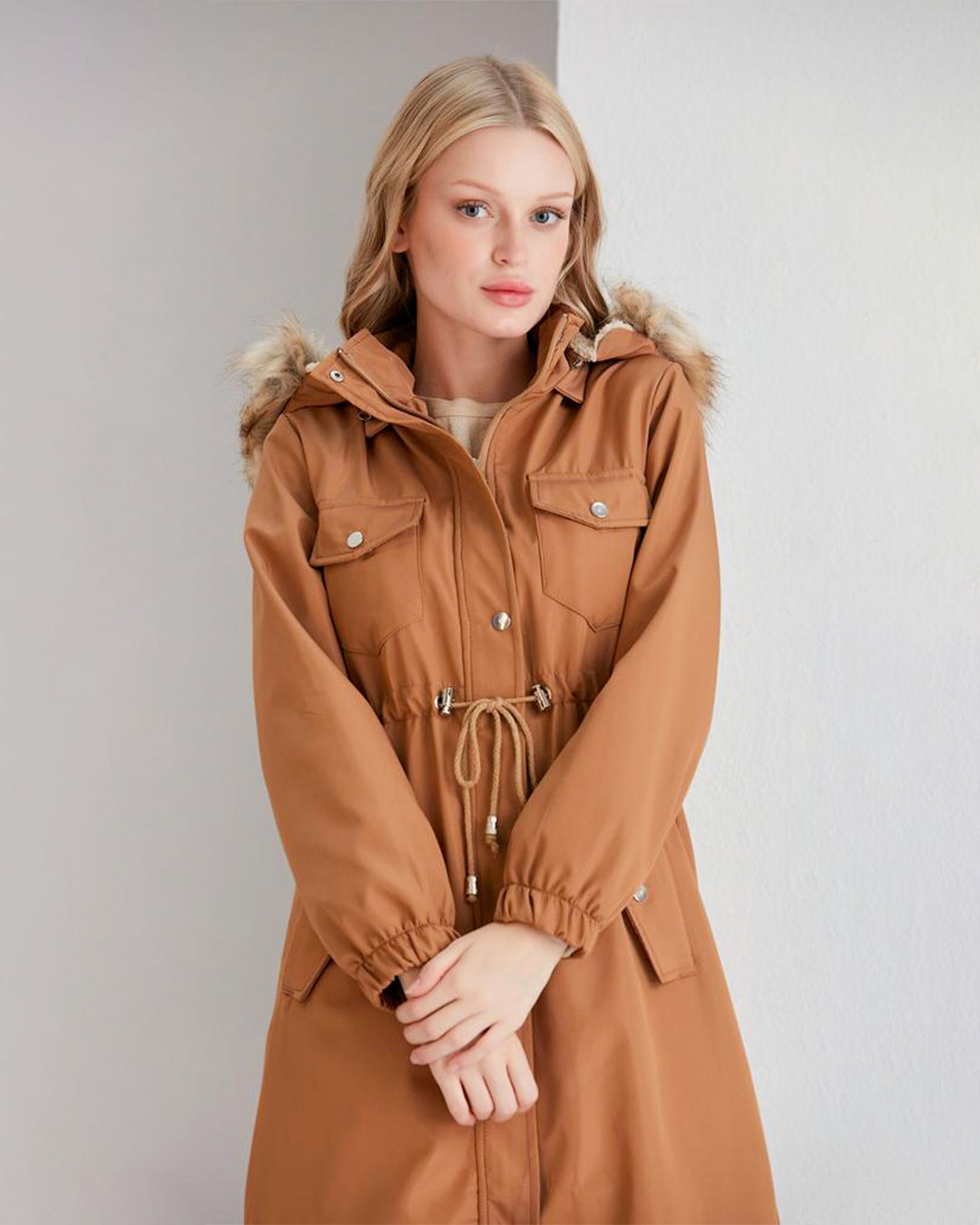 Tan Brown Trench Coat For Women | A stylish Winter Wear | Fur Hood & Long Sleeves