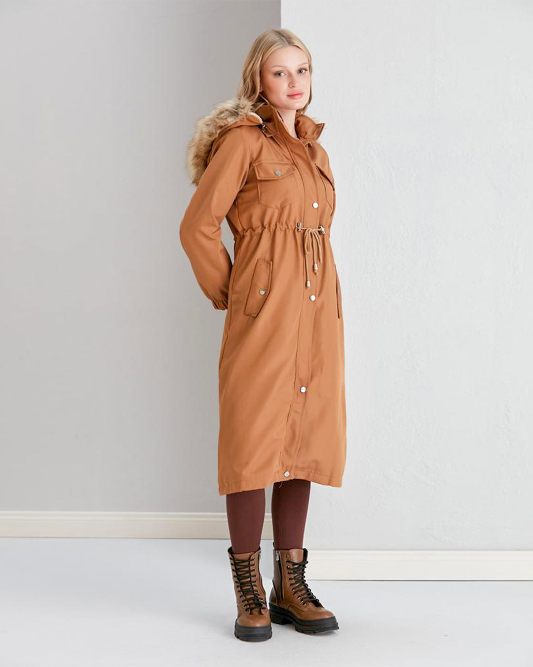 Tan Brown Trench Coat For Women | A stylish Winter Wear | Fur Hood & Long Sleeves