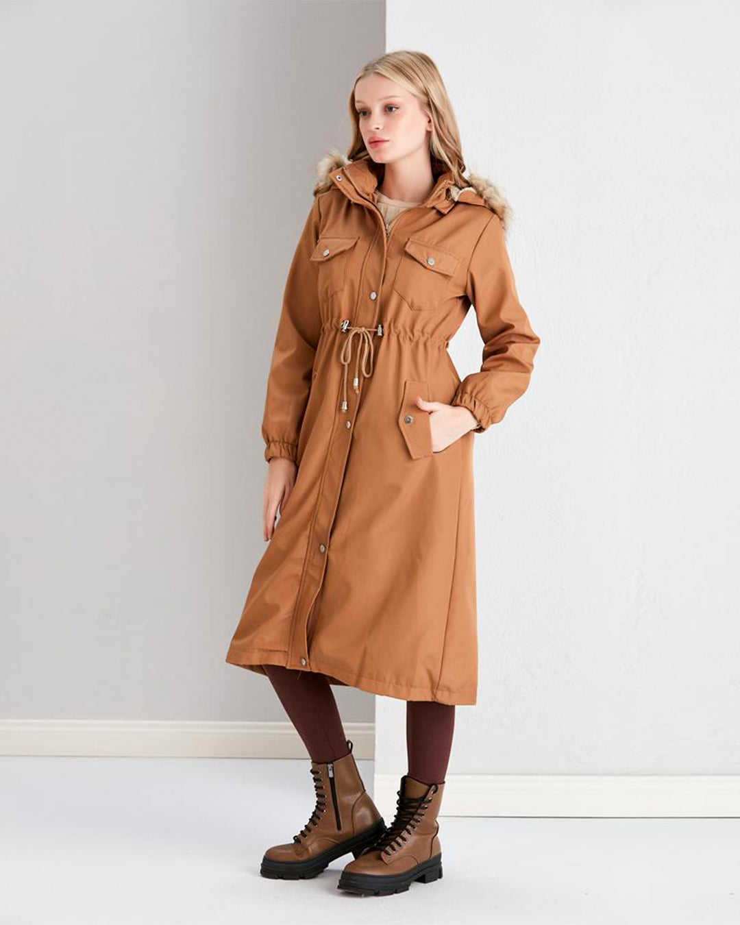 Tan Brown Trench Coat For Women | A stylish Winter Wear | Fur Hood & Long Sleeves