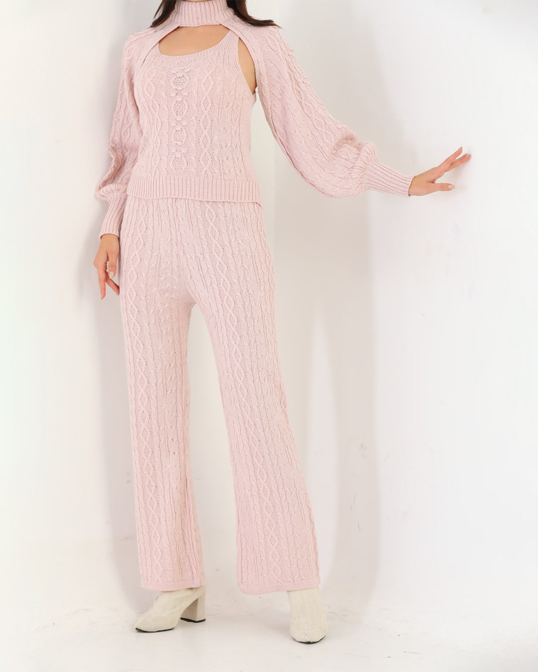 Blush Pink Three Piece Set For Women | Ribbed Sleeveless with a Stylish Over Top | Trendy Winter Wear