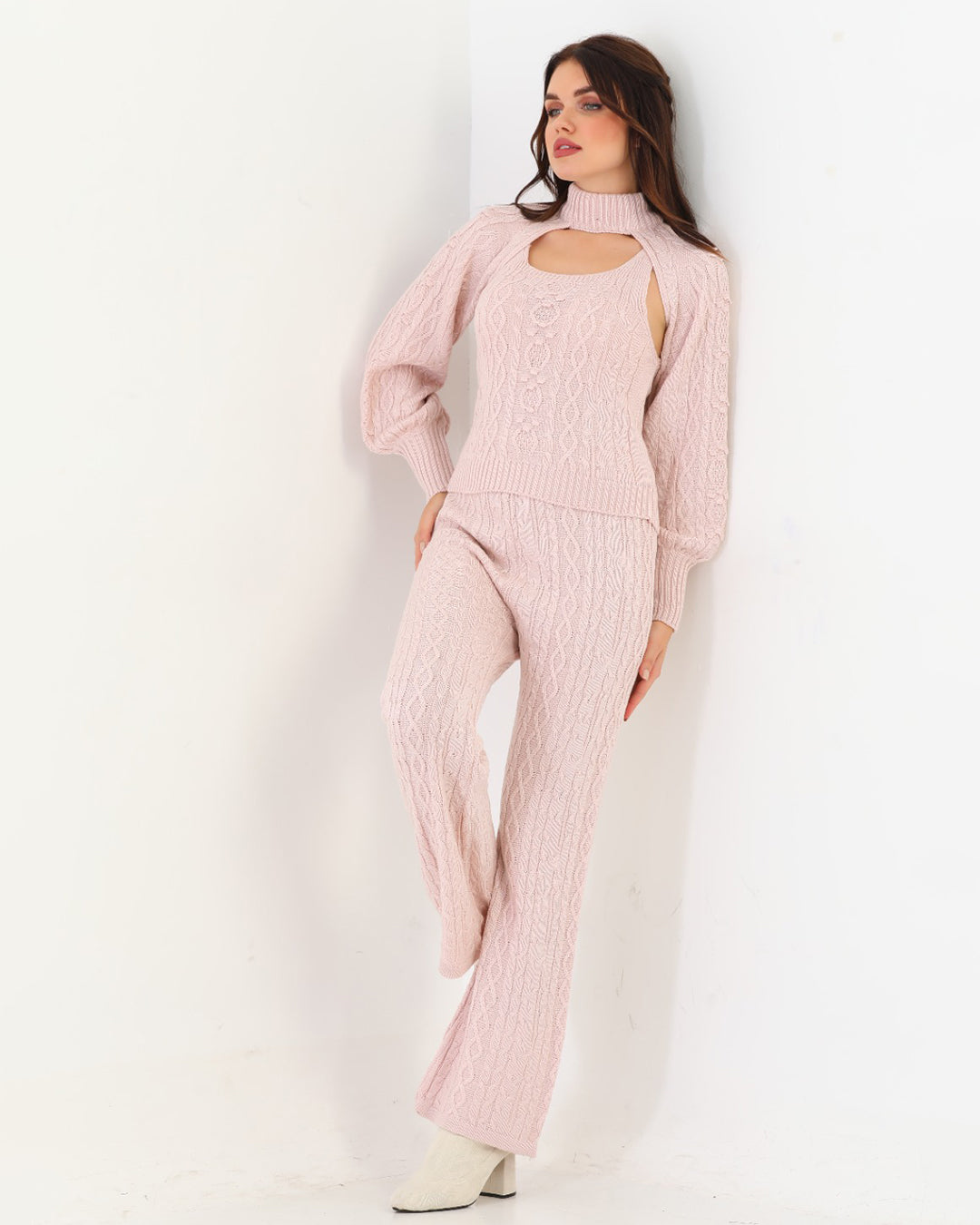 Blush Pink Three Piece Set For Women | Ribbed Sleeveless with a Stylish Over Top | Trendy Winter Wear