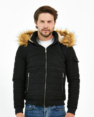 Winter Wear For Men | Black, Fur Hooded Jacket For Men | Long Sleeves & Side Pockets|