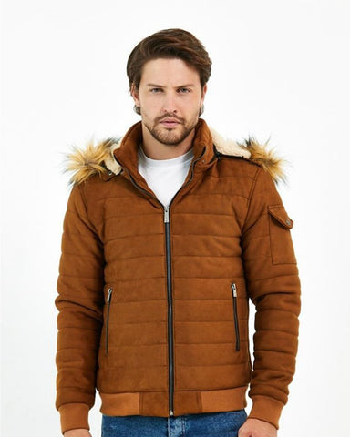 Winter Wear For Men | Brown, Fur Hooded Jacket For Men | Long Sleeves & Side Pockets|