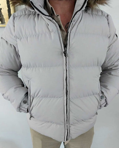 Winter Wear For Men | Grey, Quilted, Fur Hooded | Long Sleeves & Side Pockets