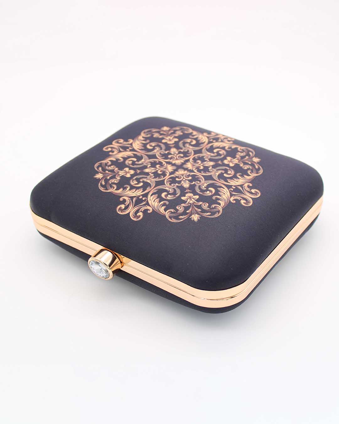 Black Printed Clutch With Golden String | Indian Fashion Women Luxury Evening Clutch Bag for Prom Cocktail Party Wedding Engagement Crossbody Chain Bag