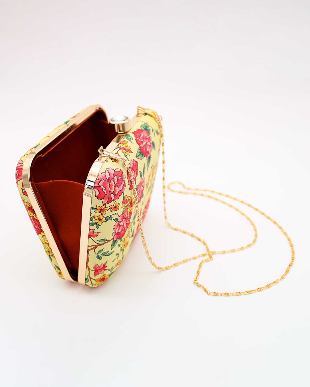 Floral Print Box Clutch with Chain Strap | Beige & White Hand Bags For Women