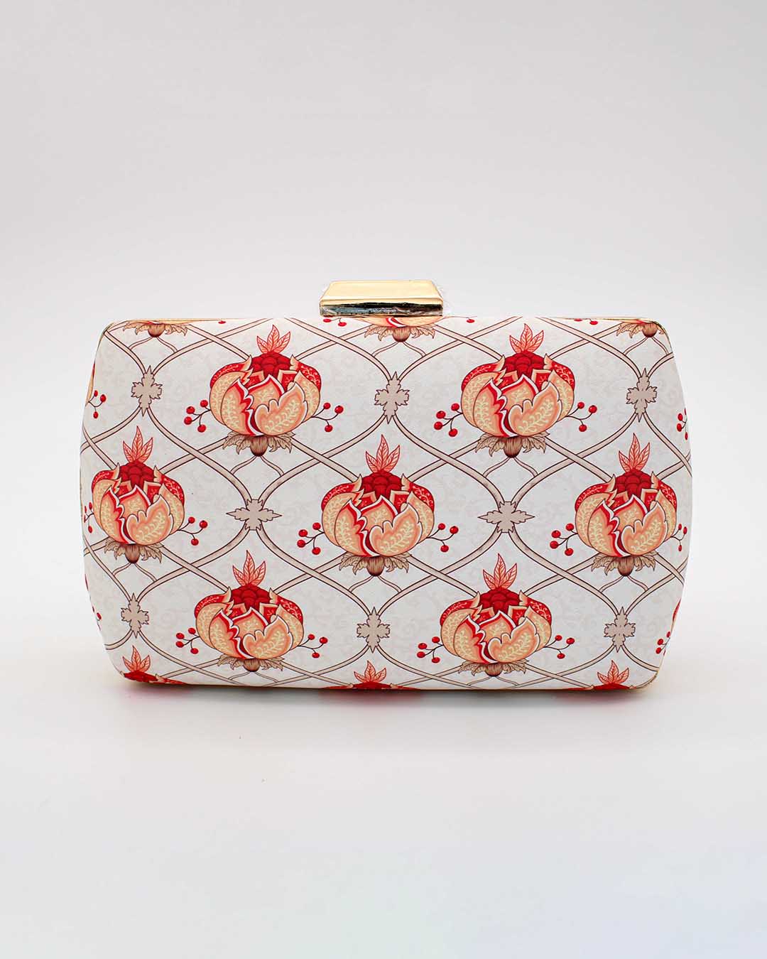 Floral Embroidered Clutch | Golden Strap Chain | Printed Box Clutch with Chain Strap | Shop For Trendy Bags