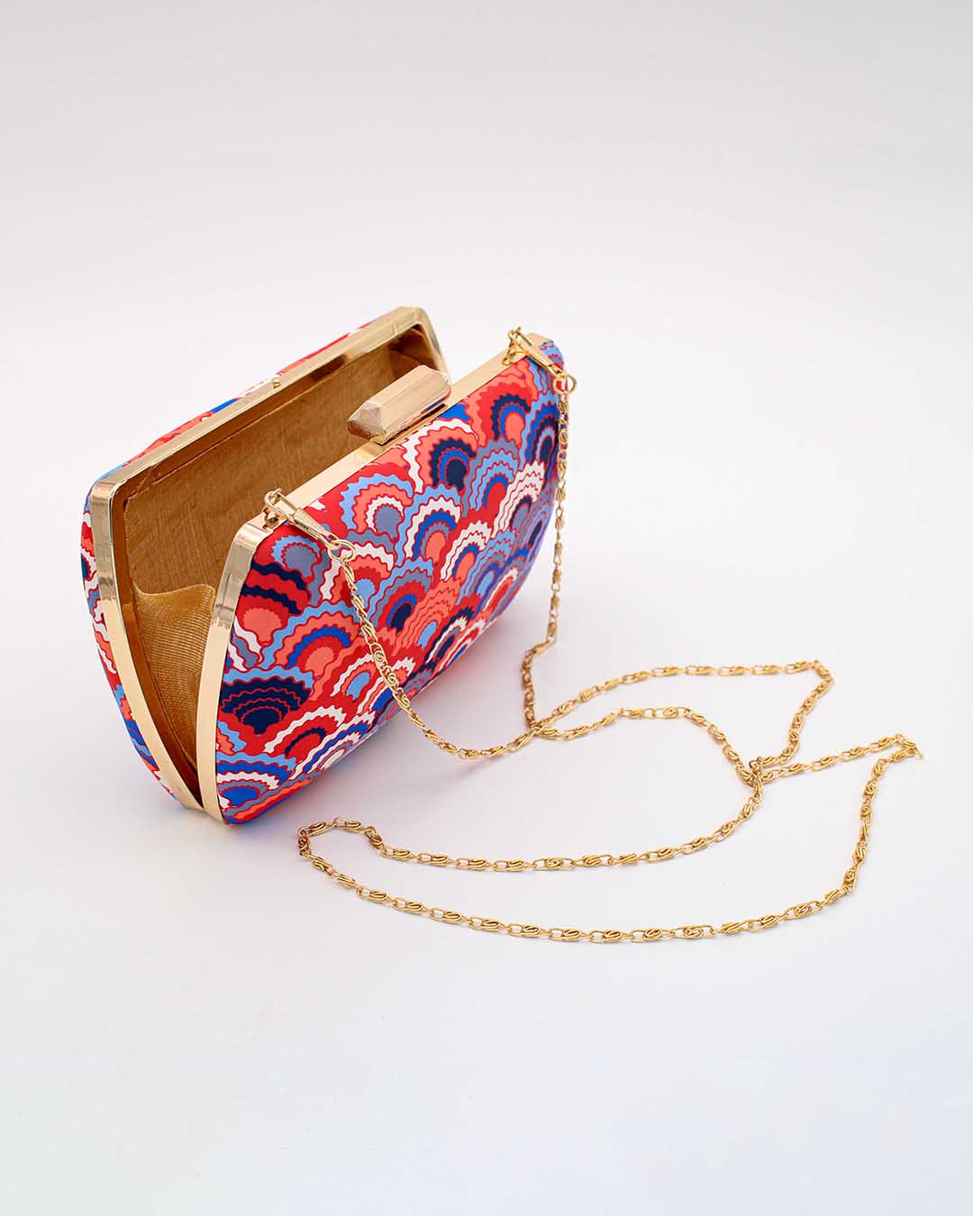 Multicolour Fish Scale Pattern  | Golden Strap Chain | Printed Box Clutch with Chain Strap | Shop For Trendy Bags