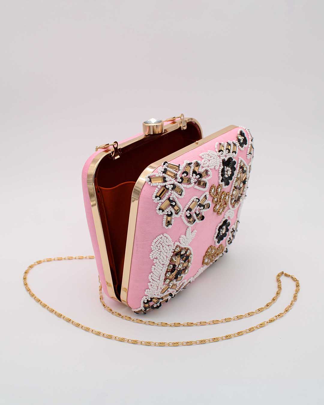 Rosette Silk Pink Clutch With Beautiful Traditional Handwork | Clutches To Make You Stand Out | Shop For Trendy Bags