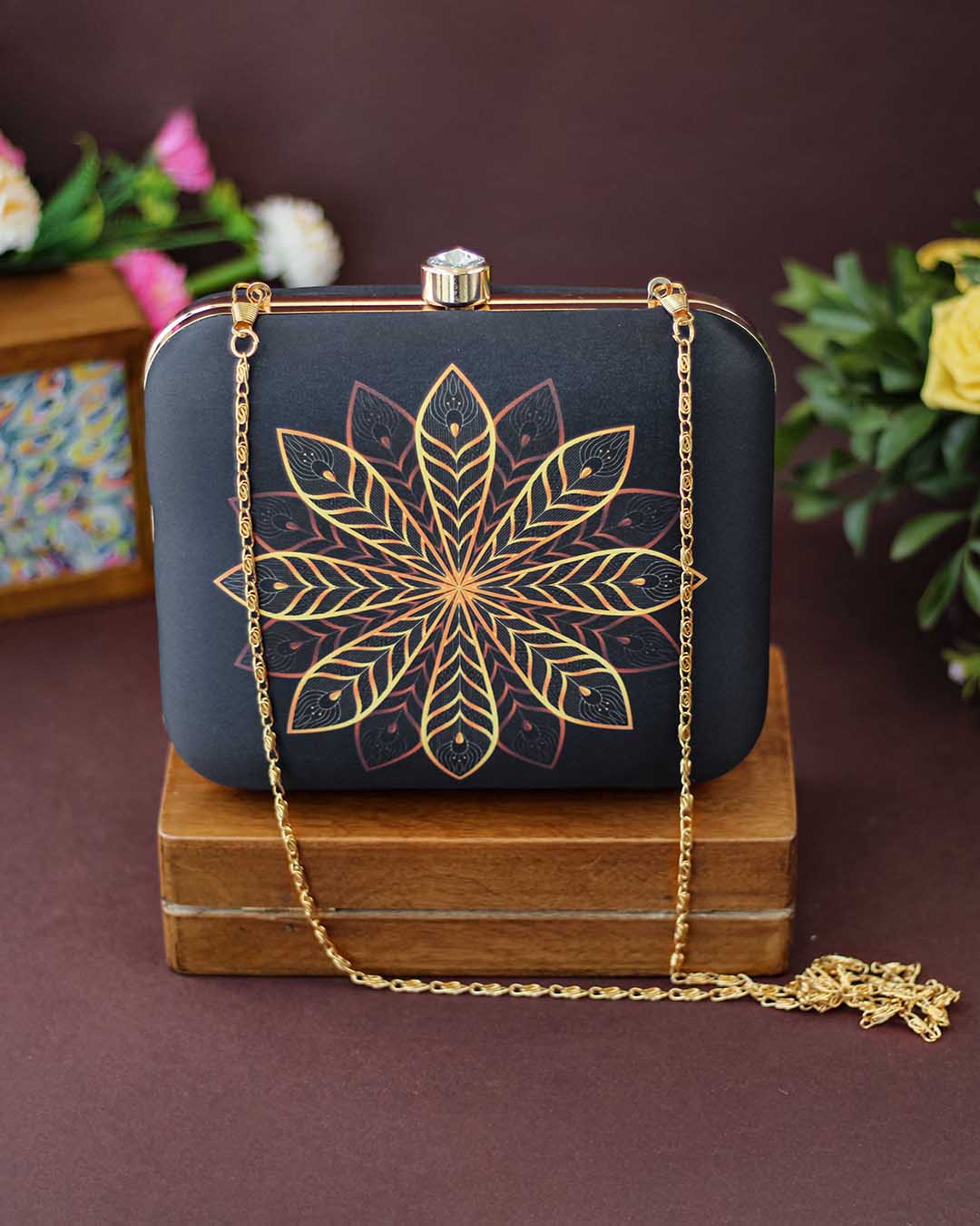 Golden Flower Printed, Black Clutch With Golden String | Indian Fashion For Turkish Women | A Luxury Evening Clutch Bag Perfect For Parties