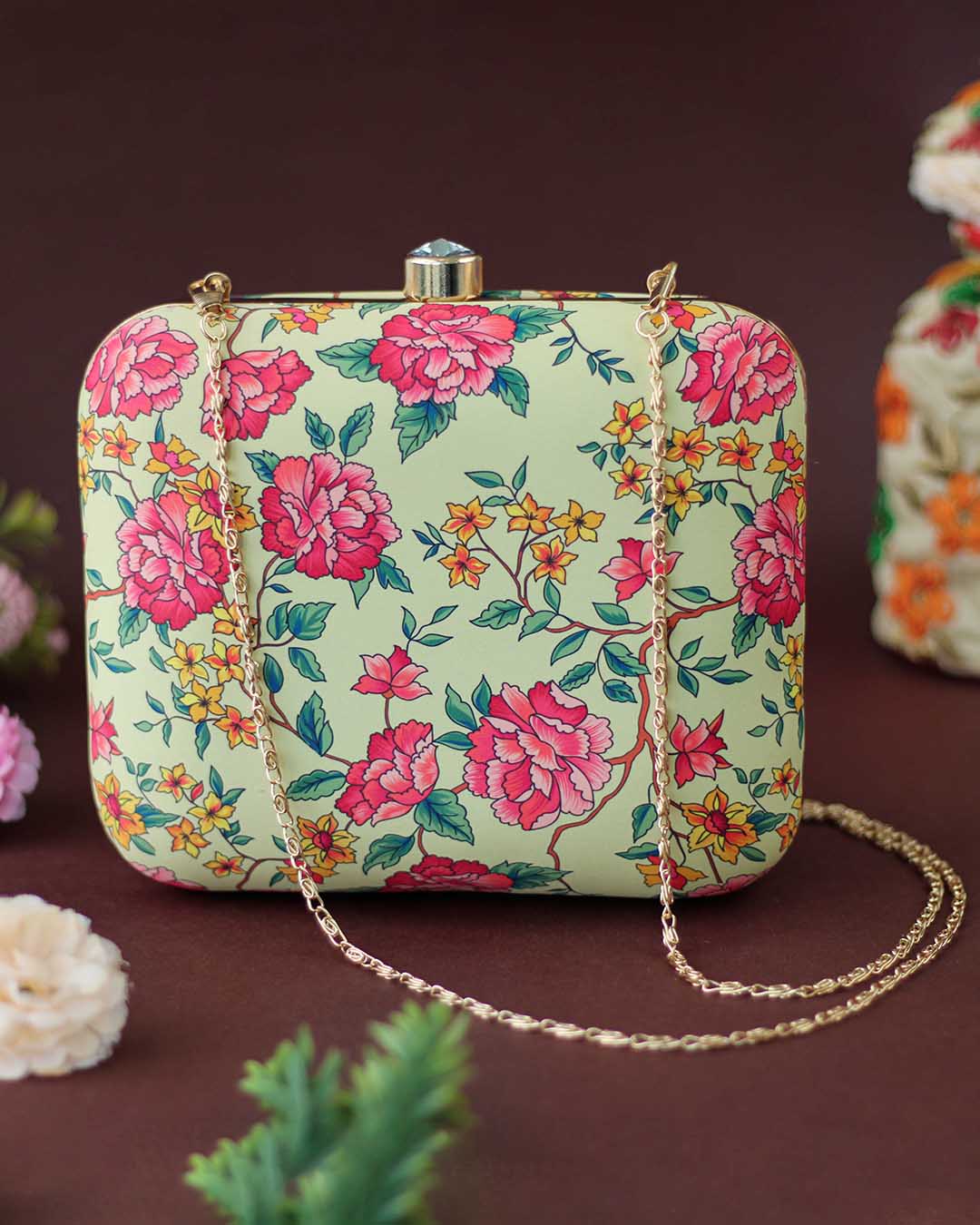 Floral Print Box Clutch with Chain Strap | Beige & White Hand Bags For Women