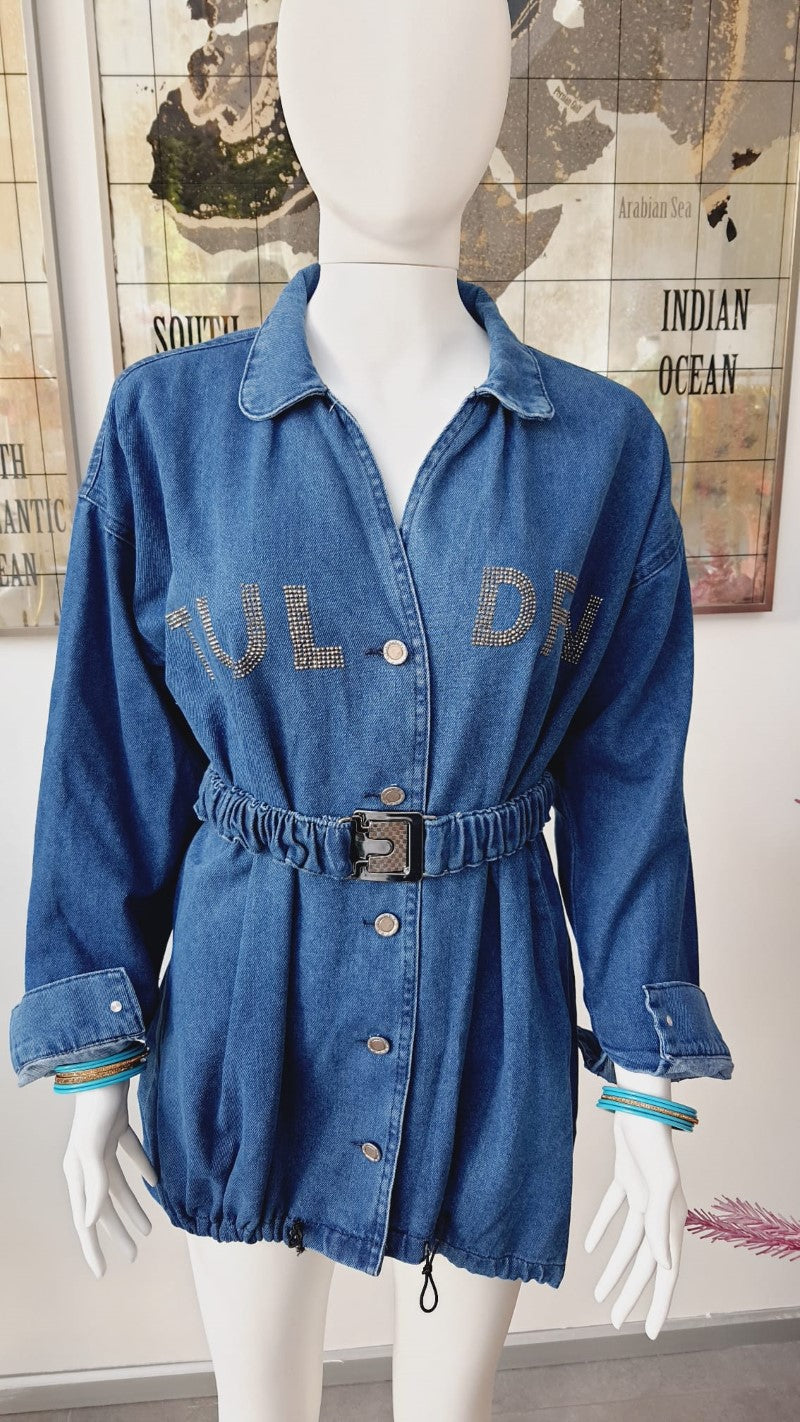 Designer Long Denim Jacket with Belt D17